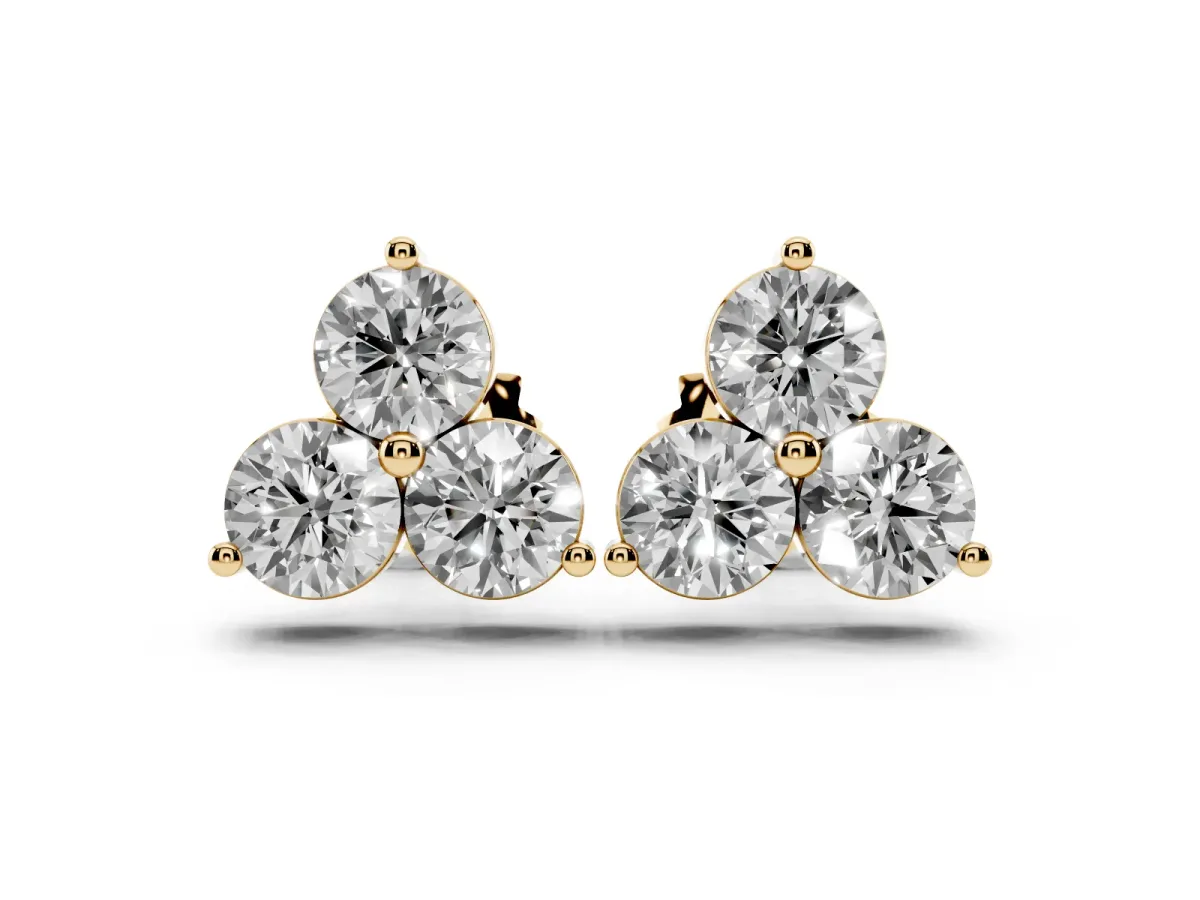 Triangular Cluster Round Diamond Stud Earrings with Prong Setting Yellow gold