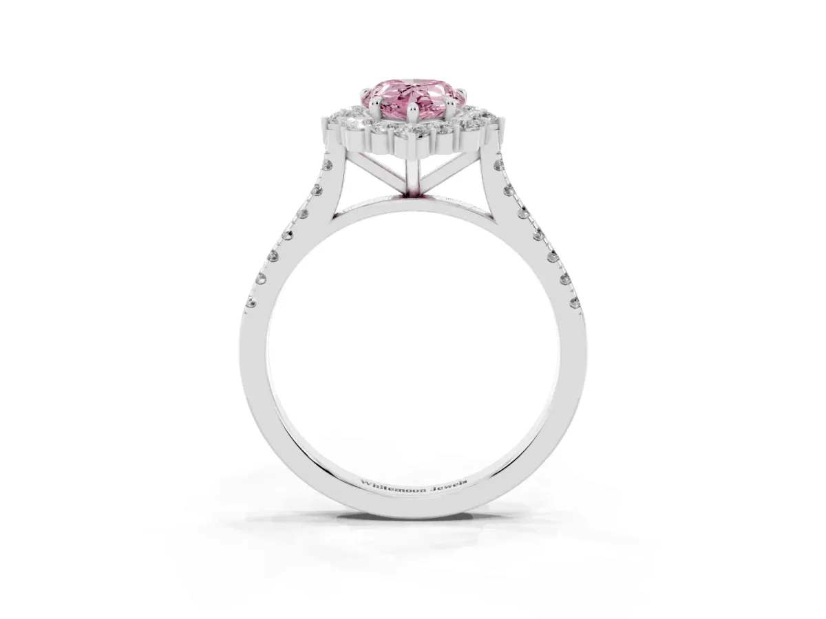 Fancy Pink Pear Cut Halo Diamond Ring with Pavé Band and Prong Setting Silver