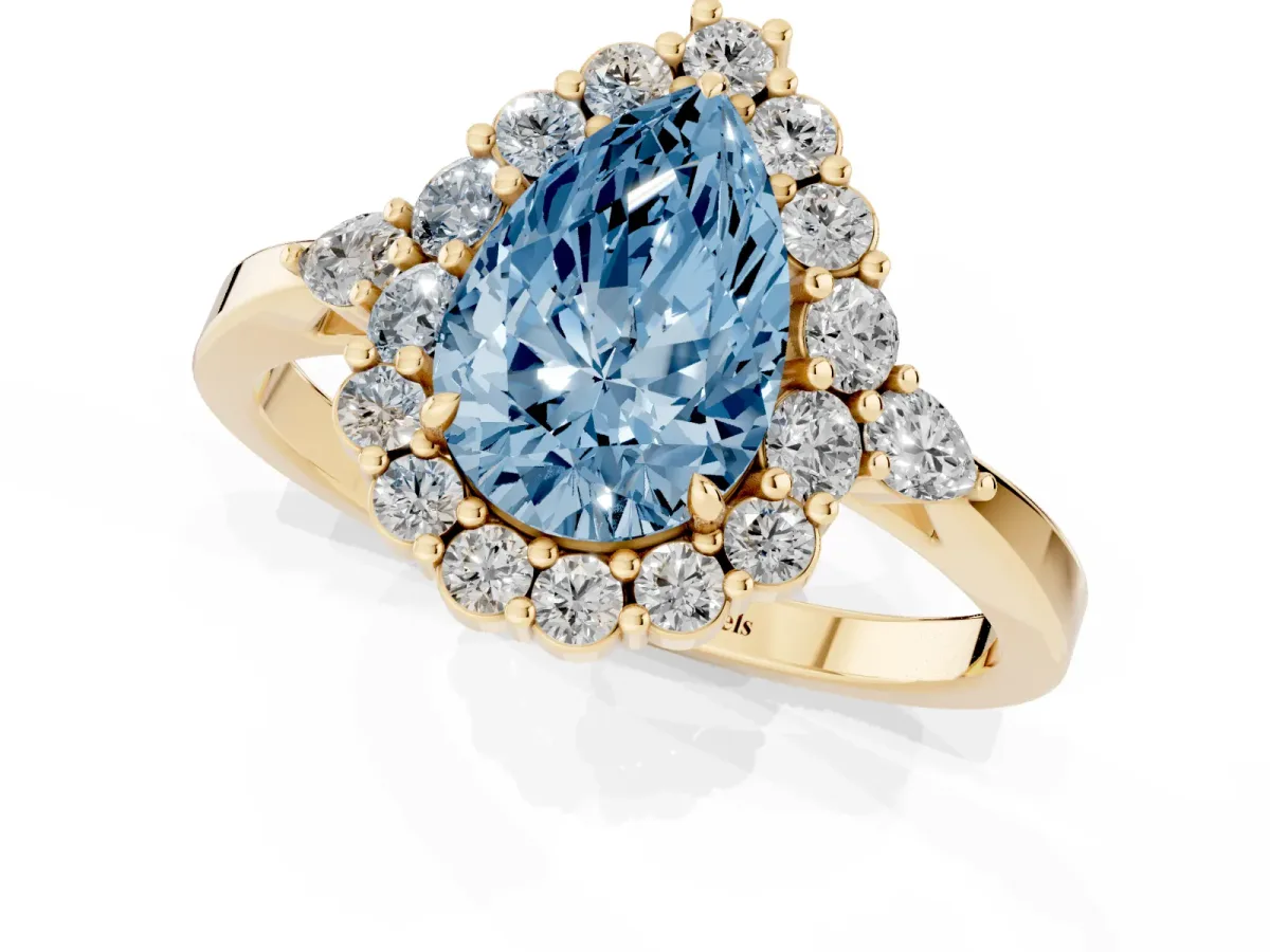 Fancy Blue Pear Cut Diamond Halo Ring with Pear Side Stones and Prong Setting Yellow gold