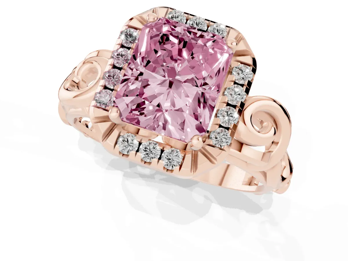 Fancy Pink Radiant Cut Cut Halo Diamond Ring with Scrollwork Band and Four-Prong Setting Rose gold