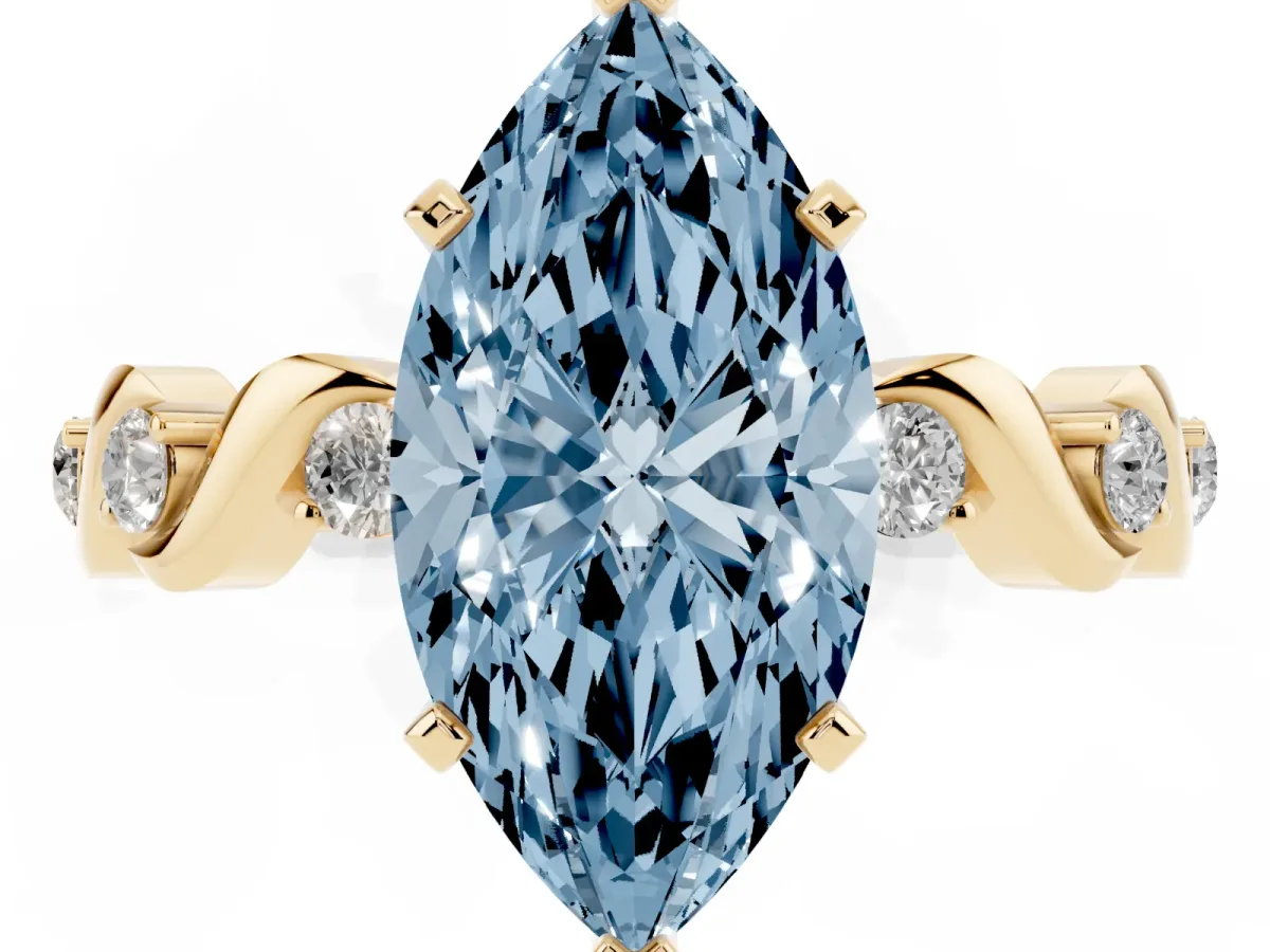 Fancy Blue Marquise Cut Diamond Solitaire Twisted Band with Round Accents and Prong Setting Yellow gold
