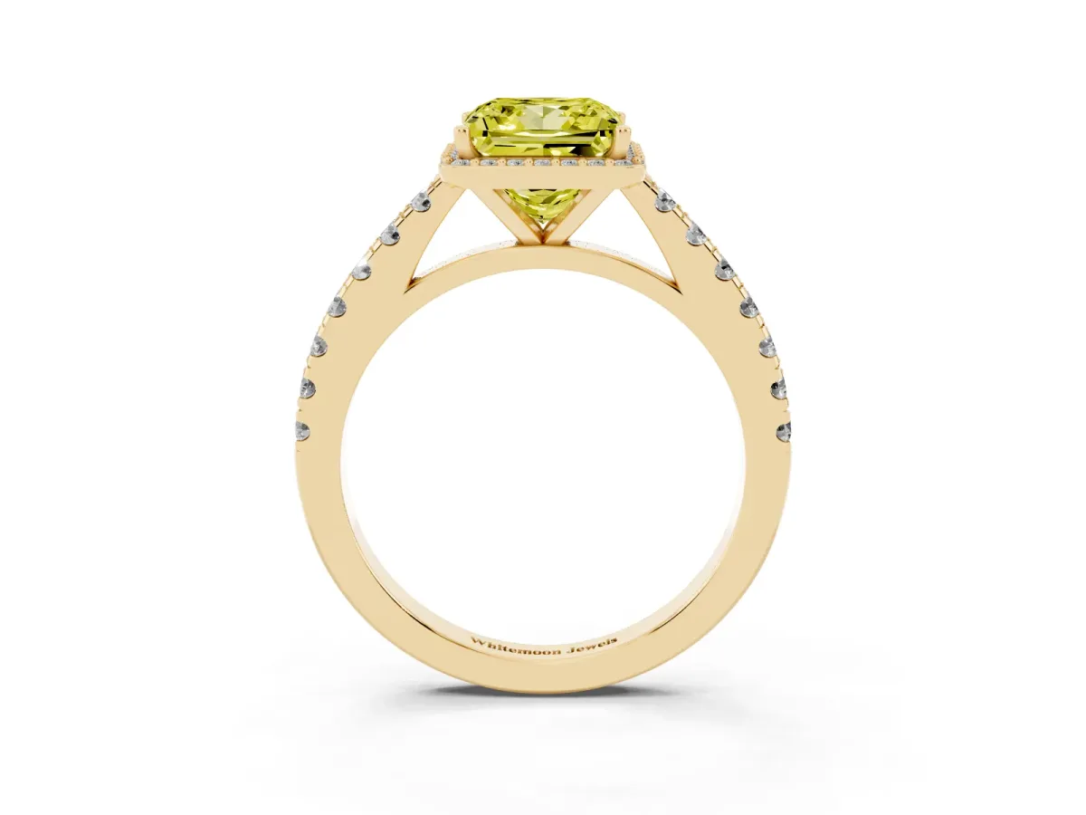Fancy Yellow Princess Cut Cut Halo Diamond Engagement Ring with Pave Band and Four-Prong Setting Yellow gold