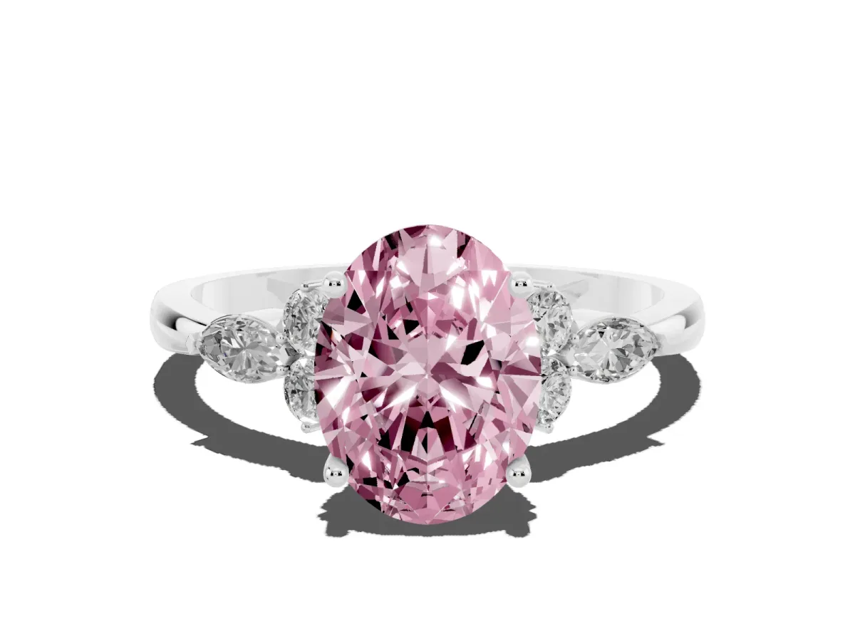 Fancy Pink Oval Cut Brilliant Diamond Solitaire Ring with Pear Side Stones and Four-Prong Setting Silver
