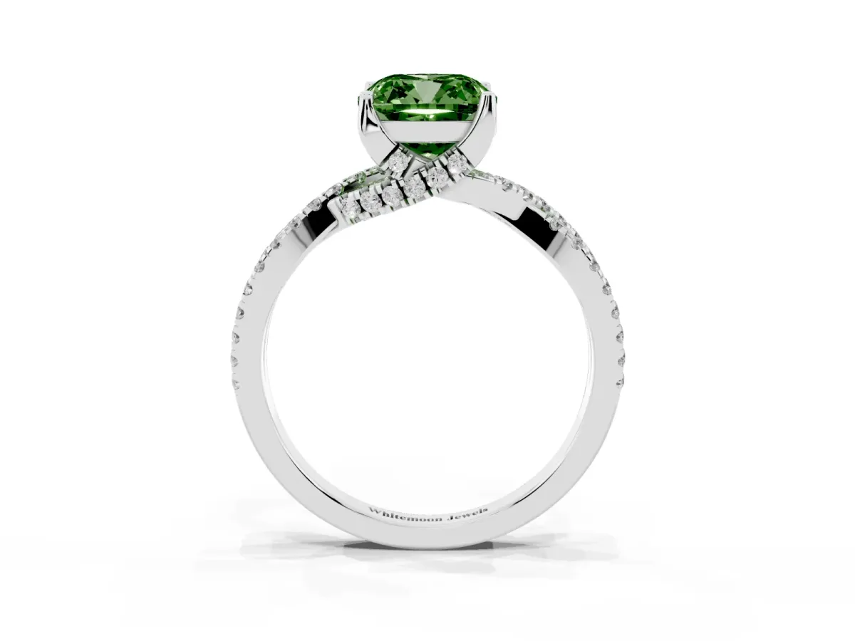 Fancy Green Cushion Cut Solitaire Twist Pave Diamond Engagement Ring with Prong Setting Silver