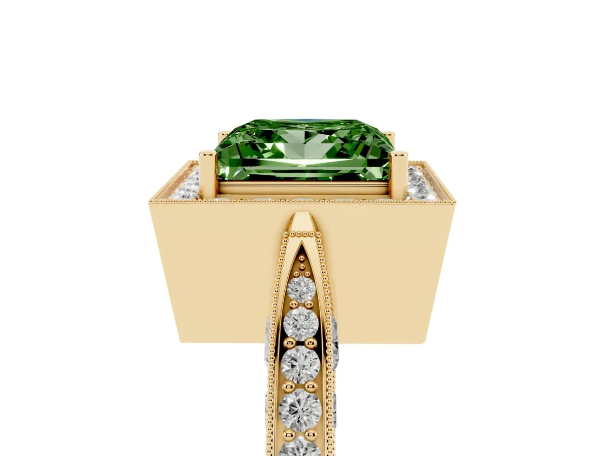 Fancy Green Princess Cut Halo Diamond Engagement Ring with Split Shank Band and Four-Prong Setting Yellow gold