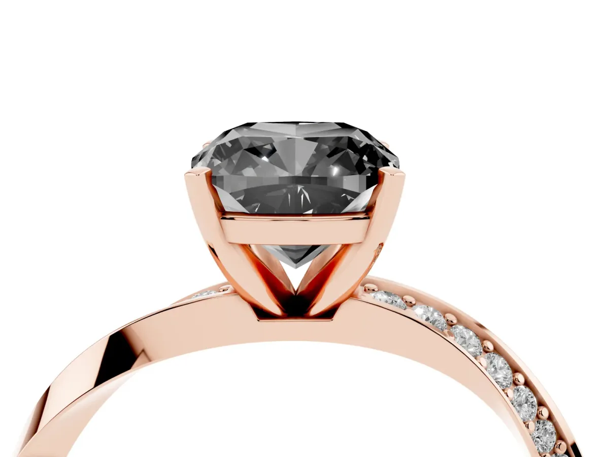 Fancy Black Cushion Cut Diamond Engagement Ring with Side Stone Accents and Four-Prong Setting Rose gold