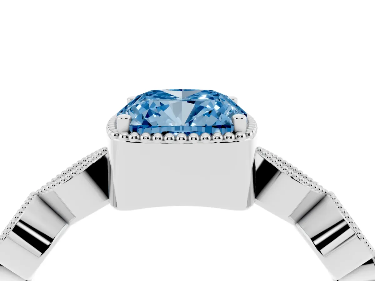 Fancy Blue Cushion Cut Diamond Vintage Milgrain Ring with Round Stations Platinum