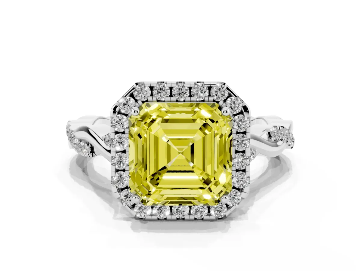 Fancy Yellow Asscher Cut Halo Twist Band Solitaire Ring Silver