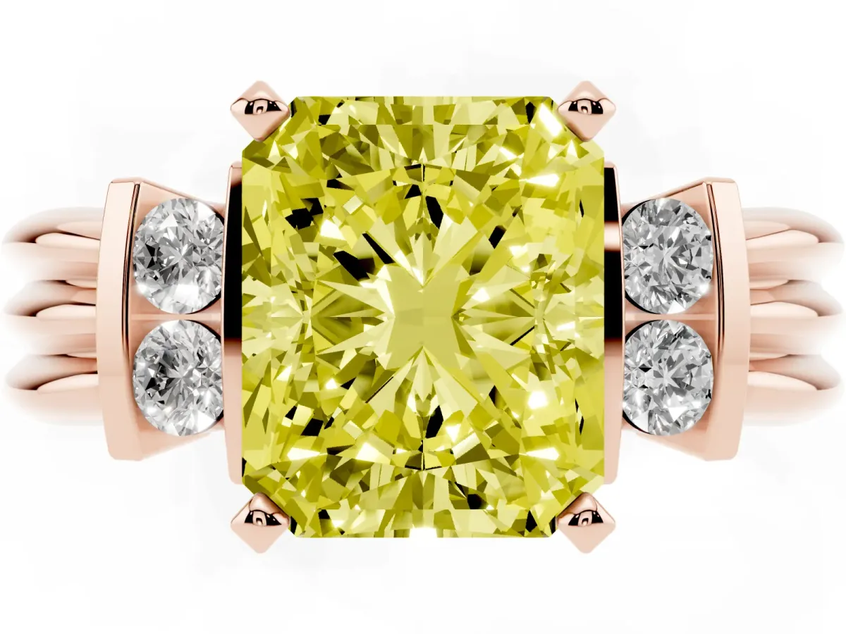 Fancy Yellow Radiant Cut Cut Three-Stone Channel Set Ring with Bar Prongs Rose gold