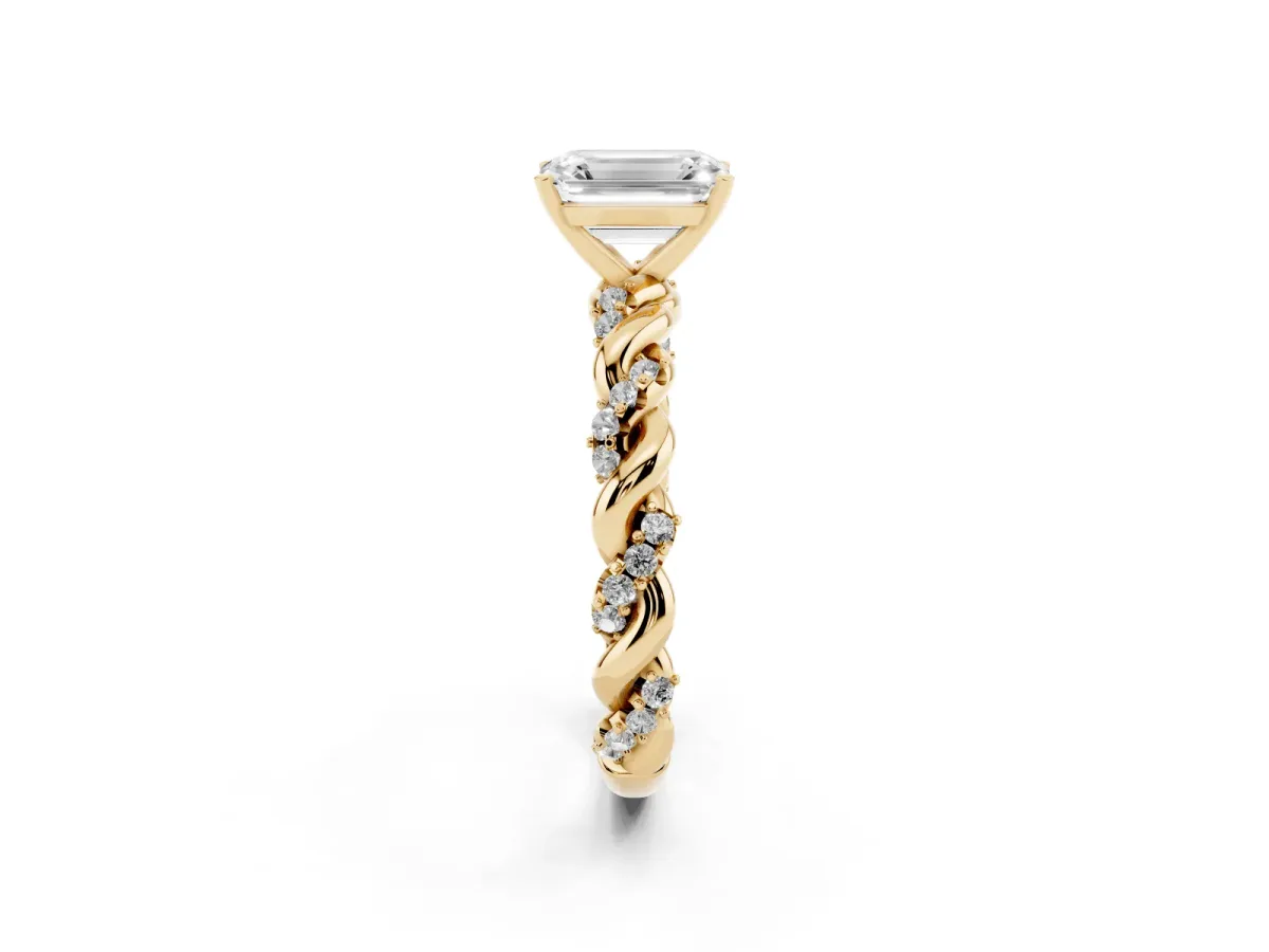 Emerald Cut Diamond Solitaire Ring with Twisted Band and Pavé Accents Yellow gold