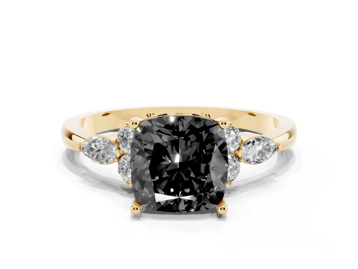Fancy Black Cushion Cut Brilliant Diamond Solitaire Ring with Pear Side Stones and Four-Prong Setting Yellow gold