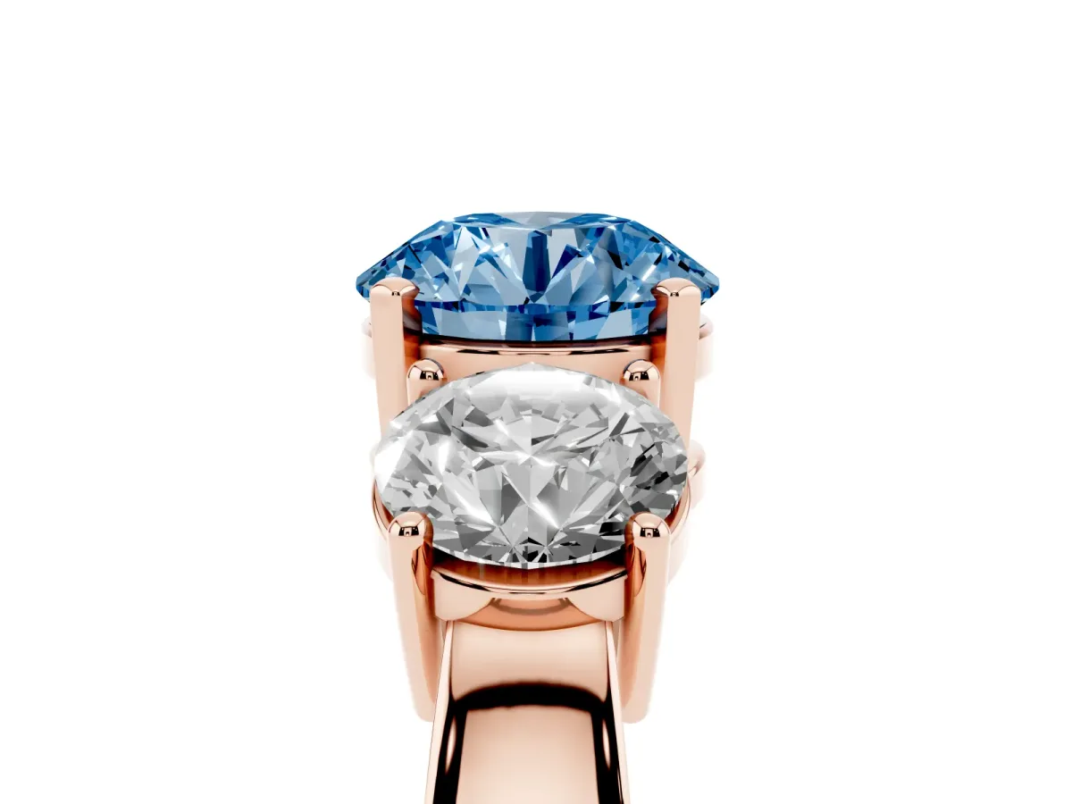 Fancy Blue Three-Stone Round Cut Diamond Ring with Round Side Stones, Classic Band, and Four-Prong Setting Rose gold