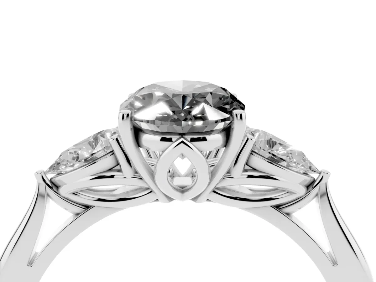 Fancy Black Oval Cut Diamond Three-Stone Ring with Pear Side Stones and Prong Setting Platinum