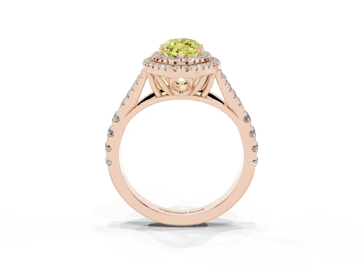 Fancy Yellow Marquise Cut Cut Double Halo Split Shank Diamond Ring with Prong Setting Rose gold