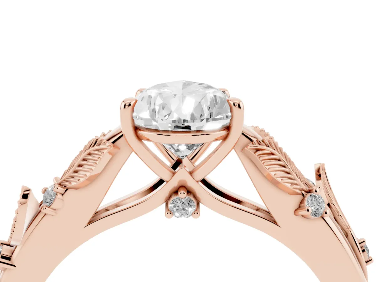 Pear Cut Diamond Solitaire Ring with Leaf Motif Band and Four-Prong Setting Rose gold