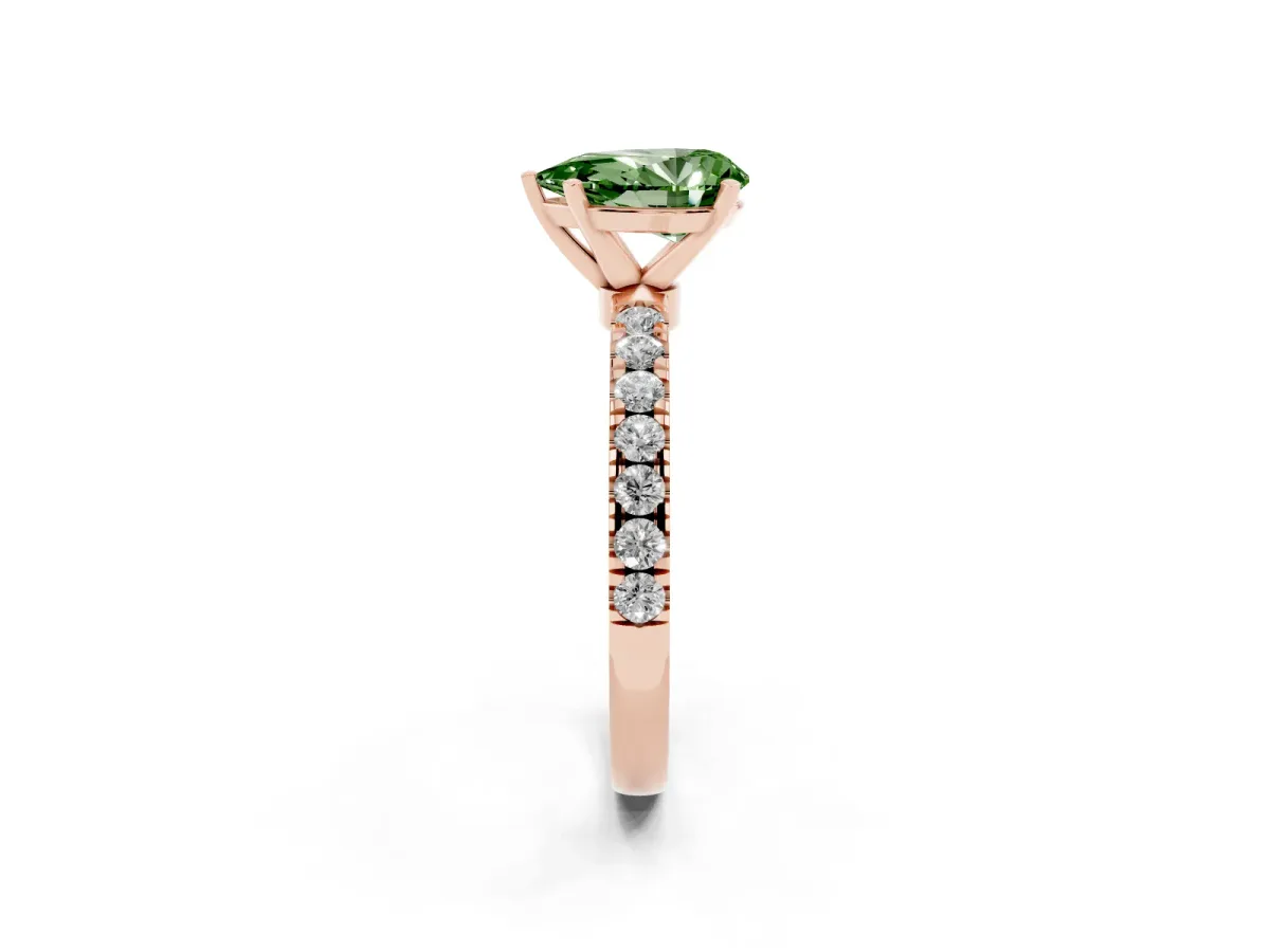 Fancy Green Pear Cut Diamond Solitaire Ring with Pavé Accents and Four-Prong Setting Rose gold