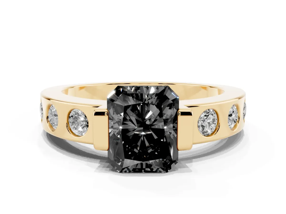 Fancy Black Radiant Cut Brilliant Channel-Set Diamond Ring with Bezel Prong Setting Yellow gold