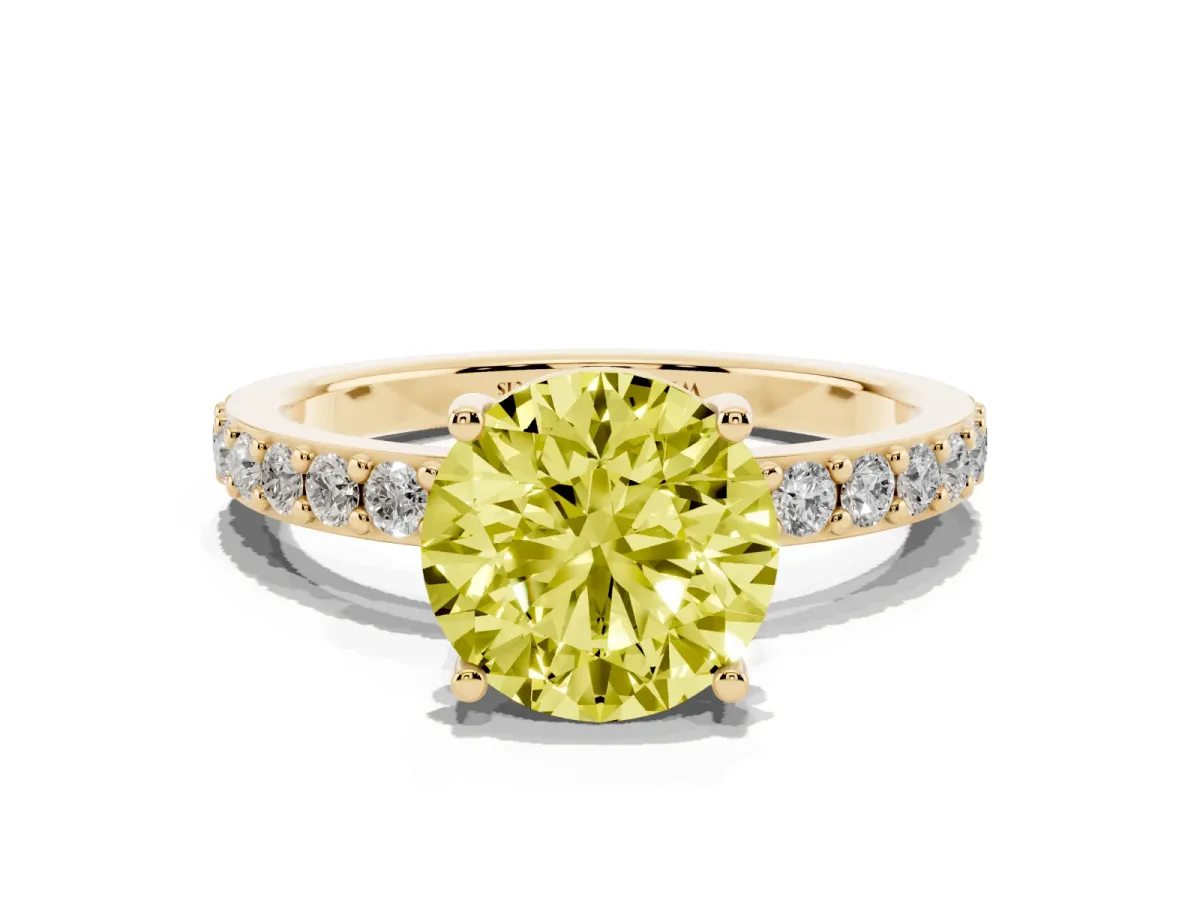 Fancy Yellow Round Cut Cut Diamond Solitaire with Pave Band and Four-Prong Setting Yellow gold