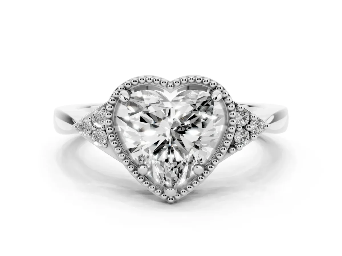 Milgrain Heart Cut Cut Diamond Ring with Tapered Pave Band and Four Prong Setting White gold