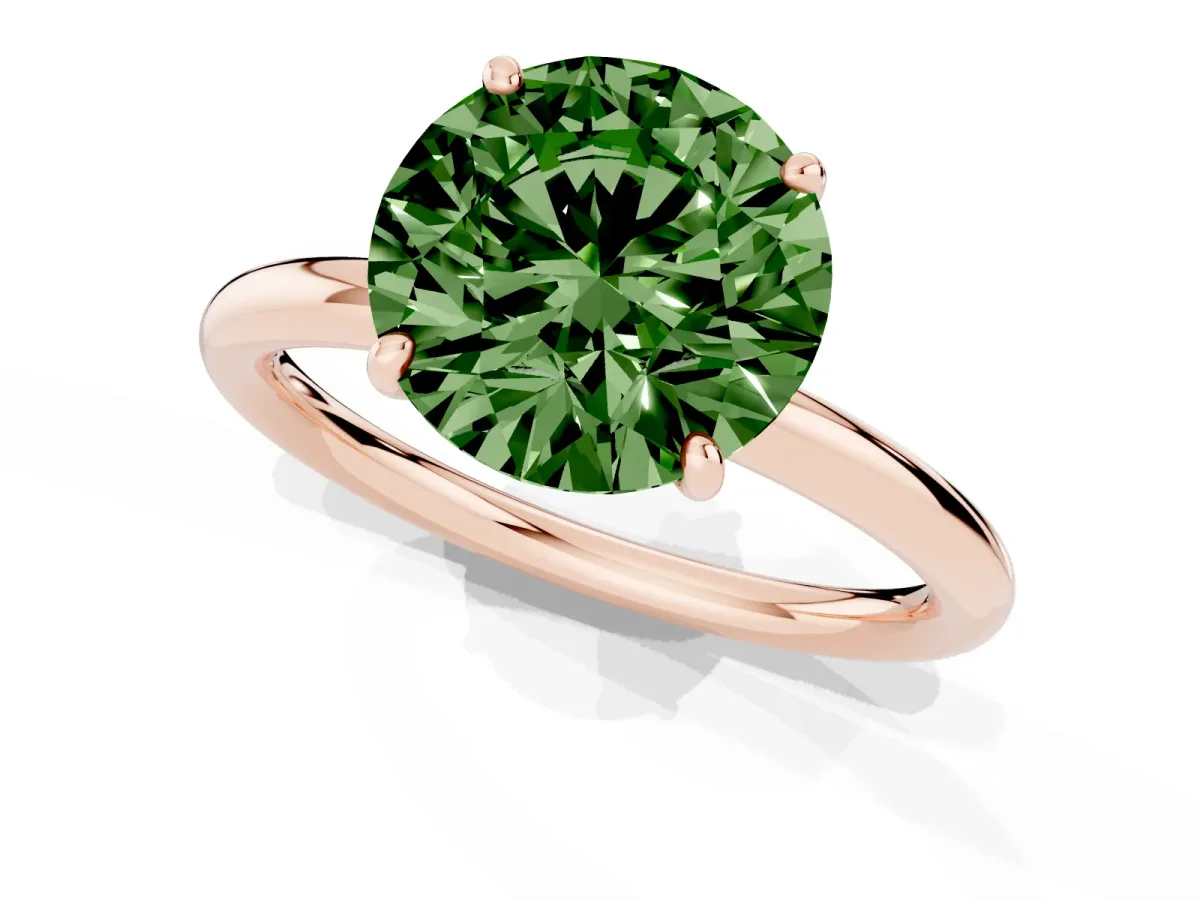 Fancy Green Round Cut Solitaire Diamond Ring with Four-Prong Setting on a Plain Band Rose gold