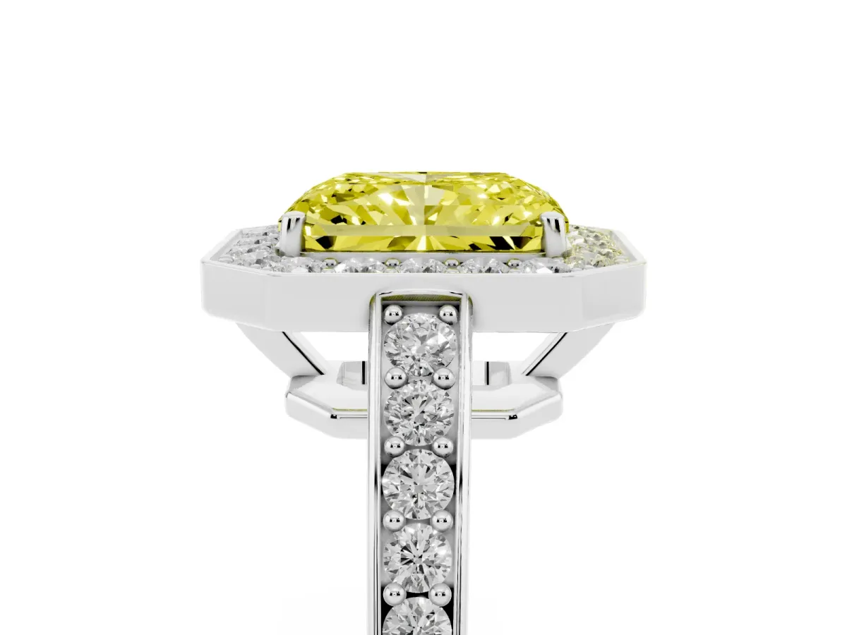 Fancy Yellow Radiant Cut Halo Pavé Diamond Engagement Ring with Bezel Setting Silver