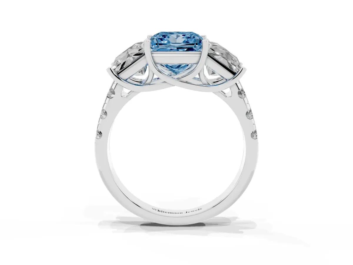 Fancy Blue Three-Stone Princess Cut Diamond Pavé Band with Prong Setting Silver