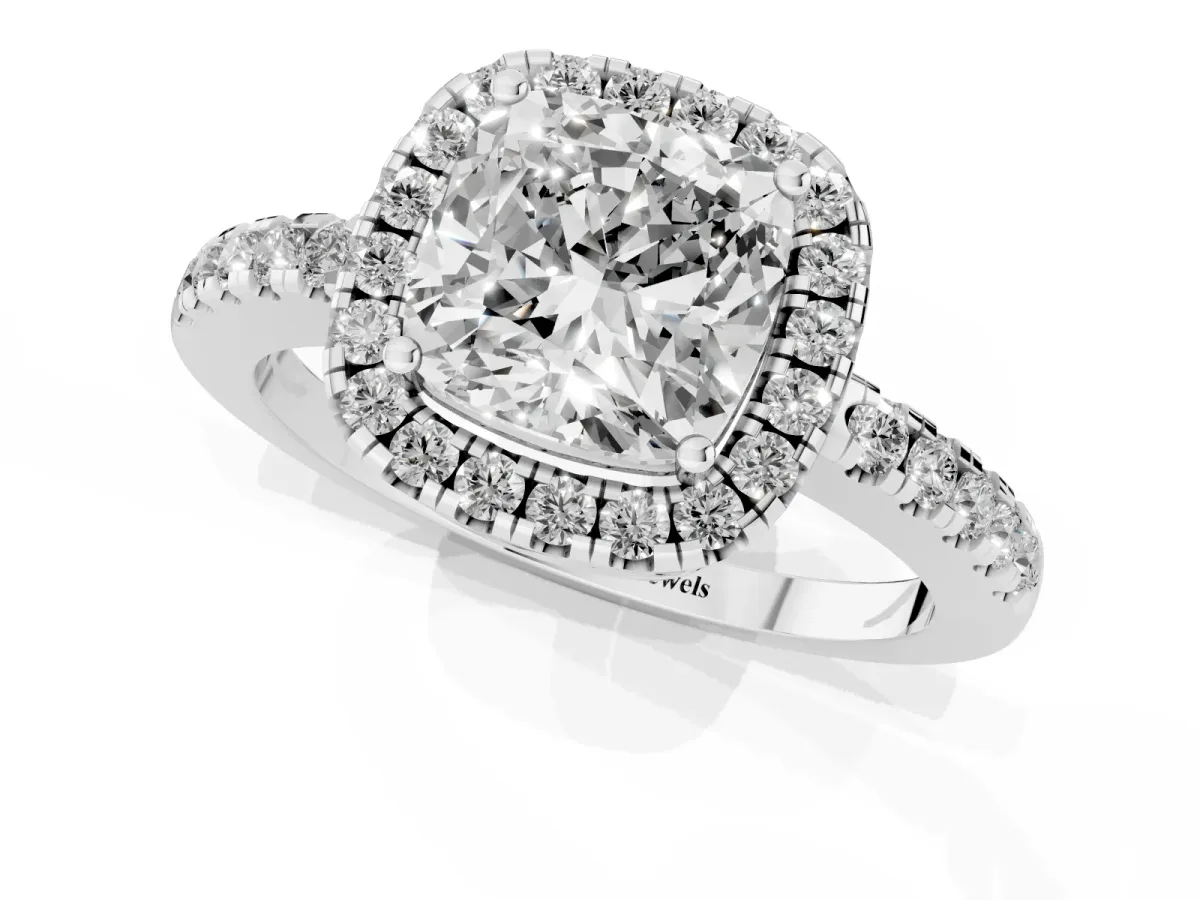 Cushion Cut Halo Diamond Engagement Ring with Pavé Band and Four-Prong Setting Silver