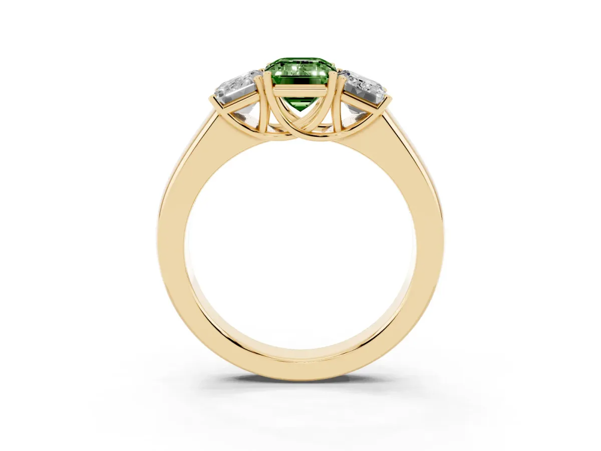 Fancy Green Three-Stone Emerald Cut Cut Diamond Ring with Prong Setting and Classic Band Yellow gold