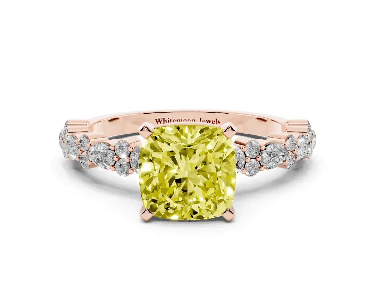 Fancy Yellow Cushion Cut Diamond Side Stone Solitaire Ring with Round and Four-Prong Setting Rose gold
