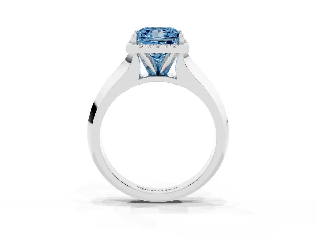 Fancy Blue Princess Cut Halo Diamond Ring with Cathedral Band and Four-Prong Setting Platinum