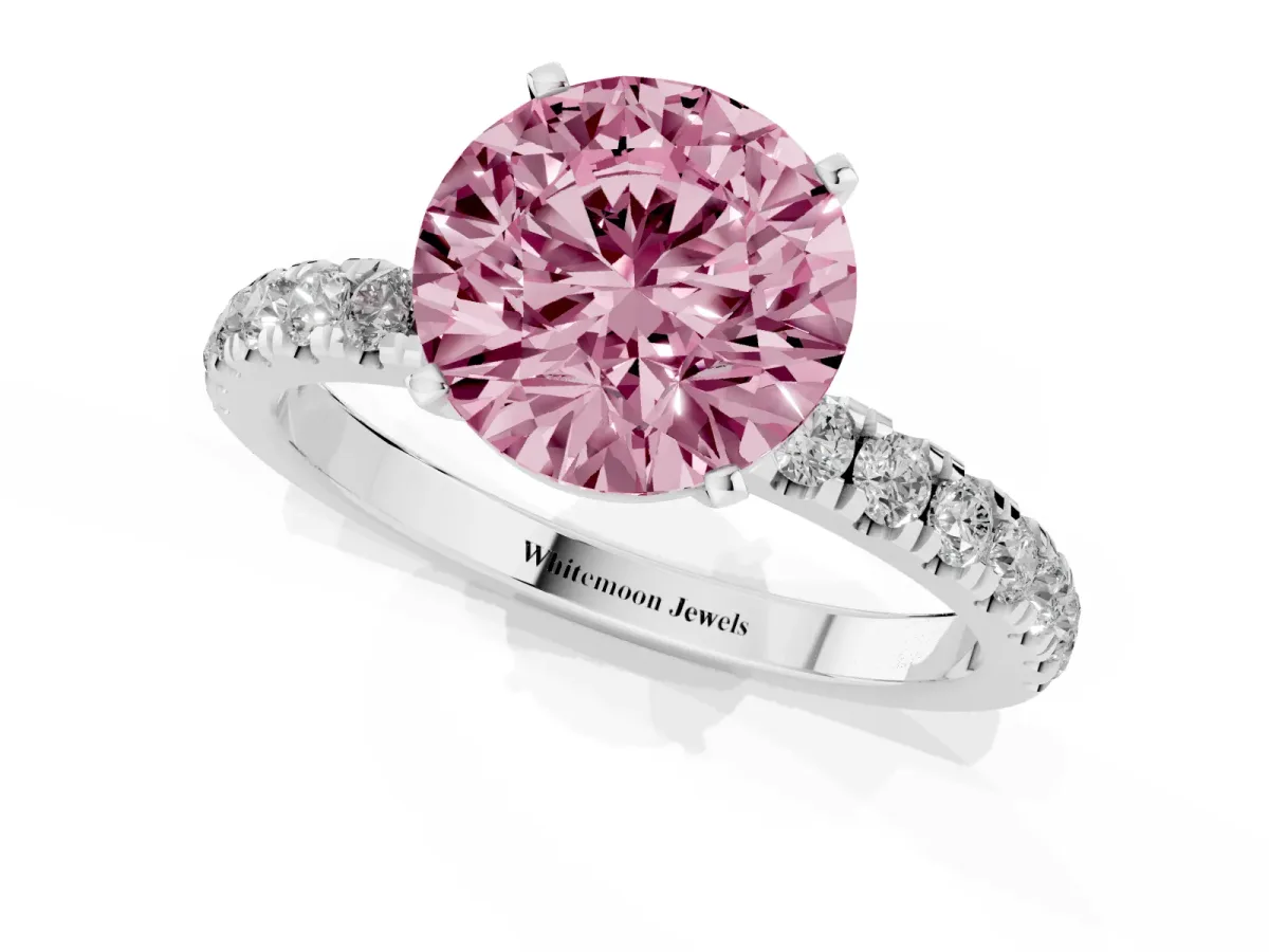 Fancy Pink Round Cut Diamond Solitaire Ring with Pavé Accents and Four-Prong Setting Platinum