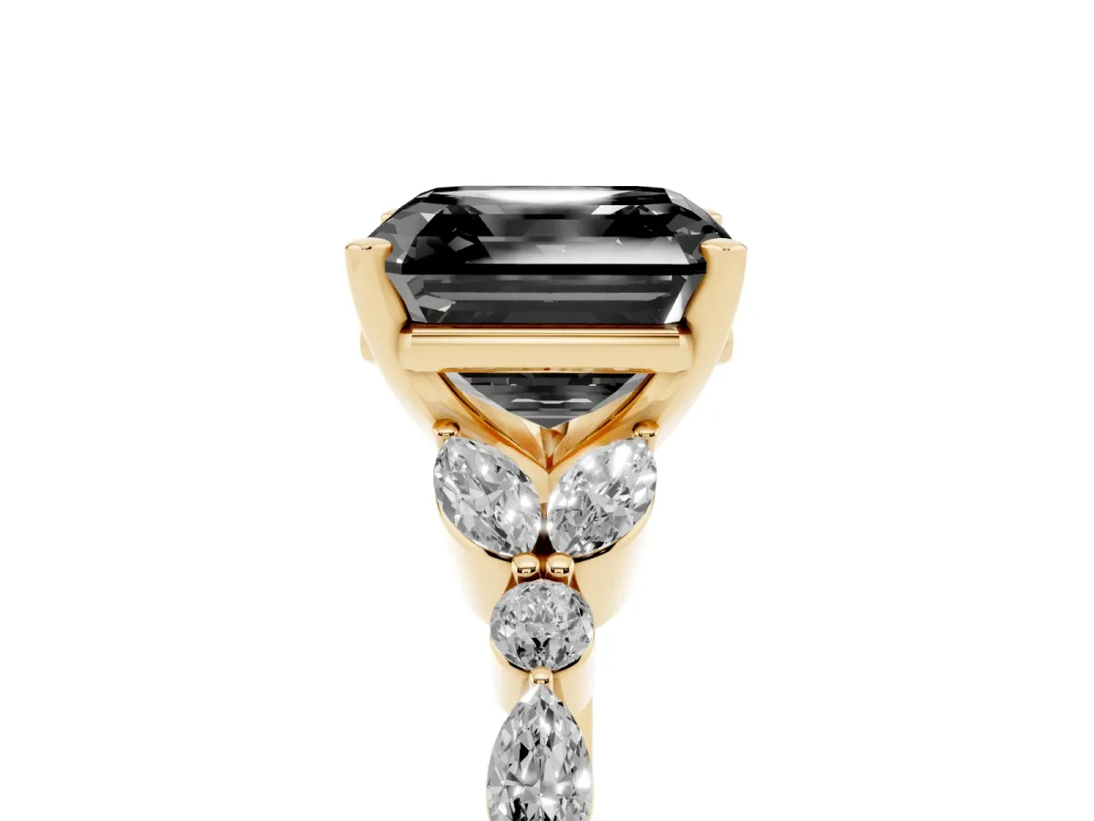 Fancy Black Asscher Cut Diamond Solitaire Ring with Side Stones and Four-Prong Setting Yellow gold