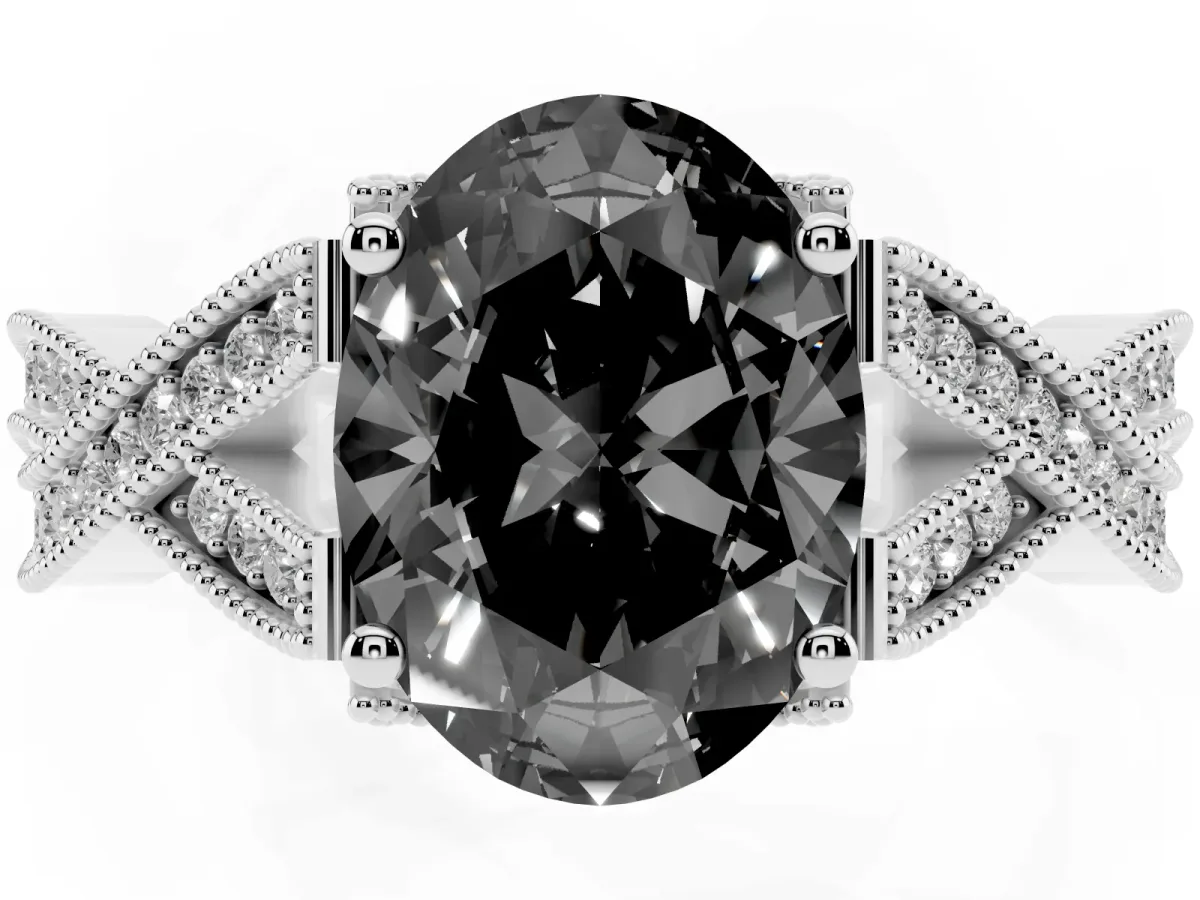 Fancy Black Oval Cut Cut Diamond Twisted Band with Milgrain Pave Setting and Four-Prong Setting Silver