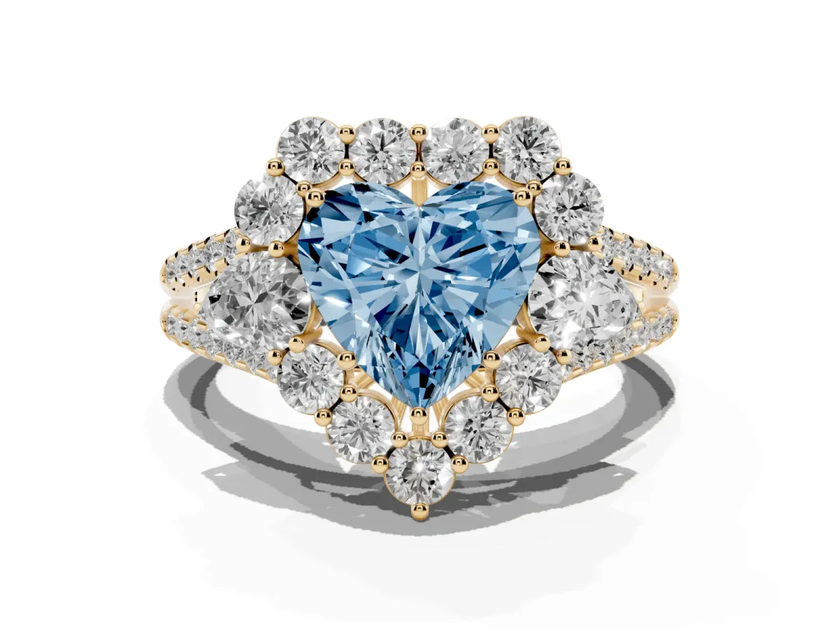 Fancy Blue Heart Cut Halo Split Shank Diamond Engagement Ring with Prong Setting Yellow gold