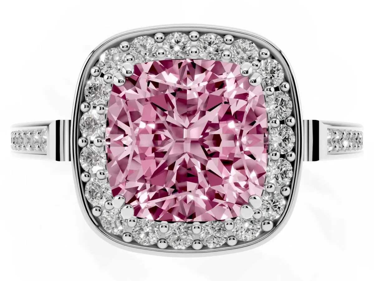 Fancy Pink Cushion Cut Diamond Halo Ring with Split Shank and Four-Prong Setting Silver