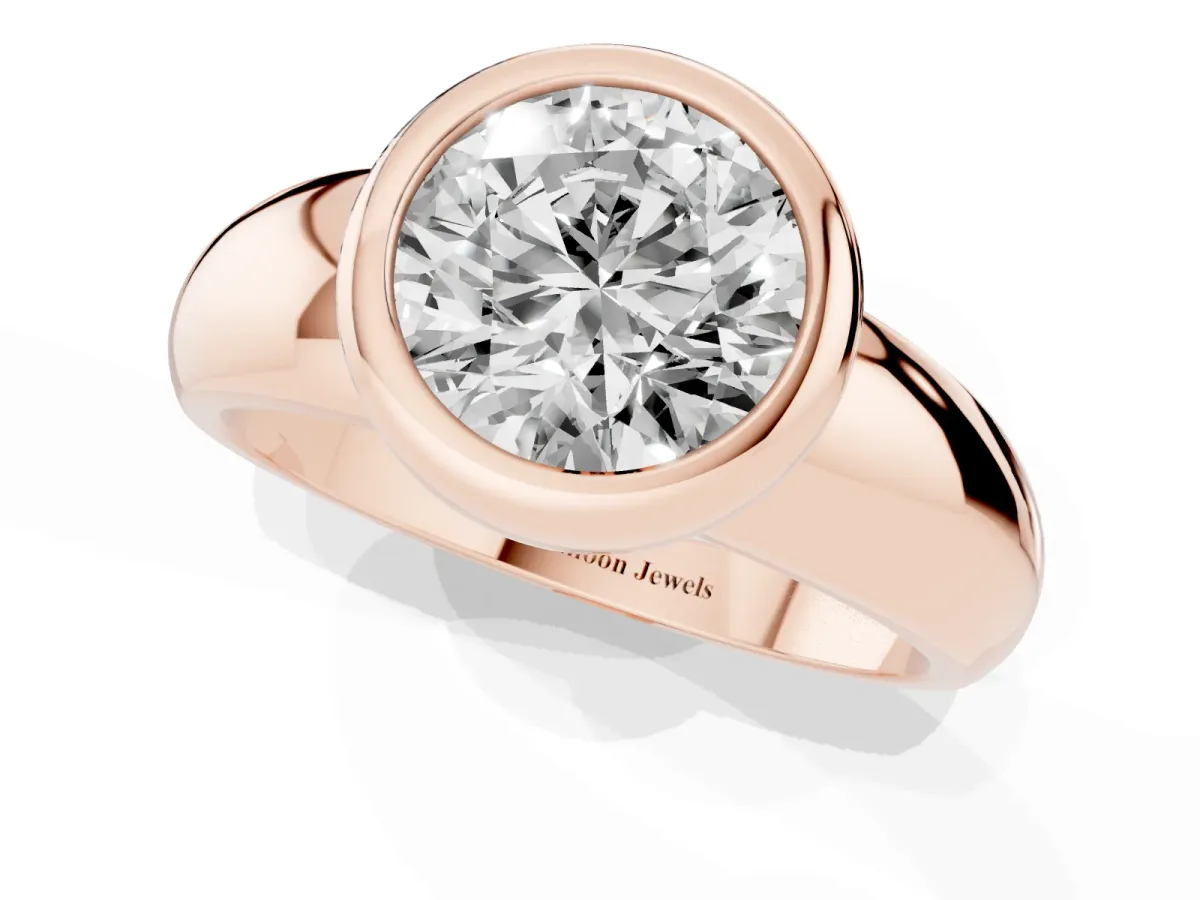Bezel Set Round Cut Solitaire Ring with Wide Band Rose gold