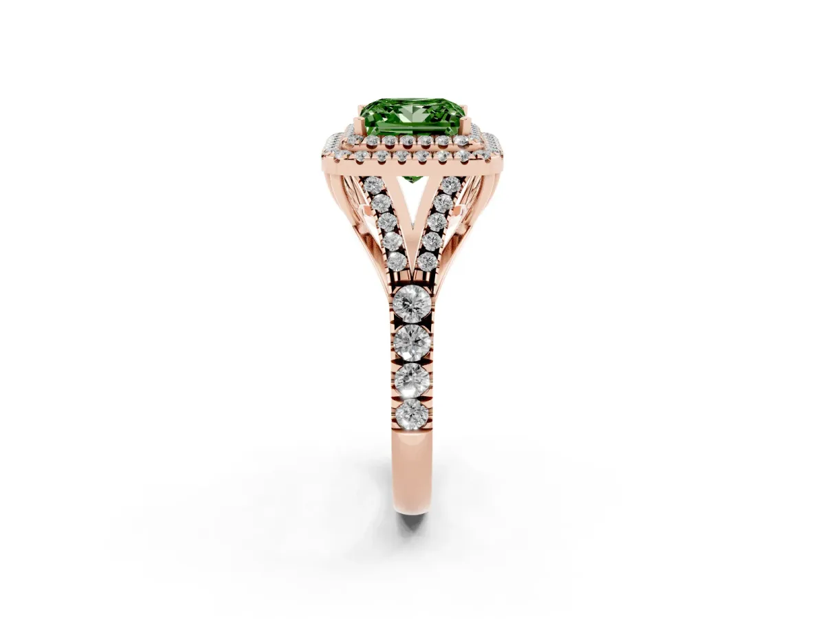 Fancy Green Double Halo Princess Cut Diamond Split Shank Engagement Ring with Four-Prong Setting Rose gold