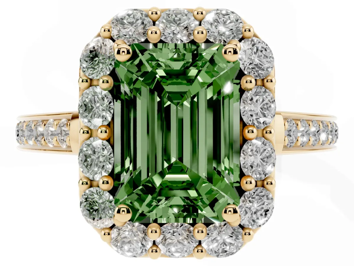 Fancy Green Emerald Cut Diamond Floral Halo Ring with Pavé Band and Prong Setting Yellow gold