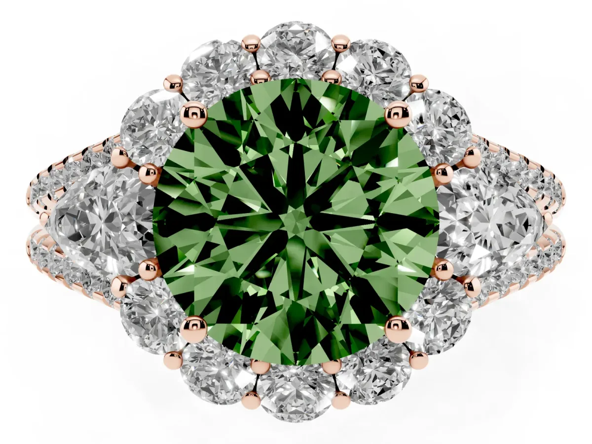 Fancy Green Round Cut Halo Split Shank Diamond Engagement Ring with Prong Setting Rose gold