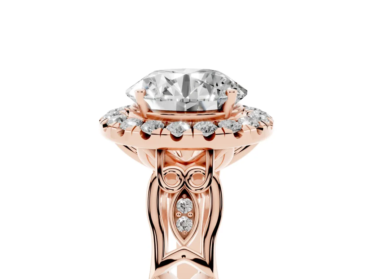 Round Cut Halo Diamond Engagement Ring with Filigree Band and Four-Prong Setting Rose gold