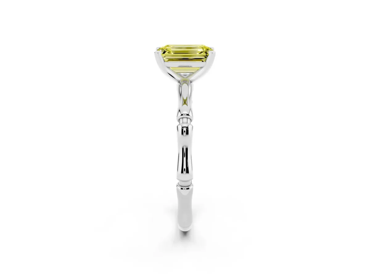 Fancy Yellow Emerald Cut Solitaire Diamond Ring with Bamboo Band and Four-Prong Setting Silver