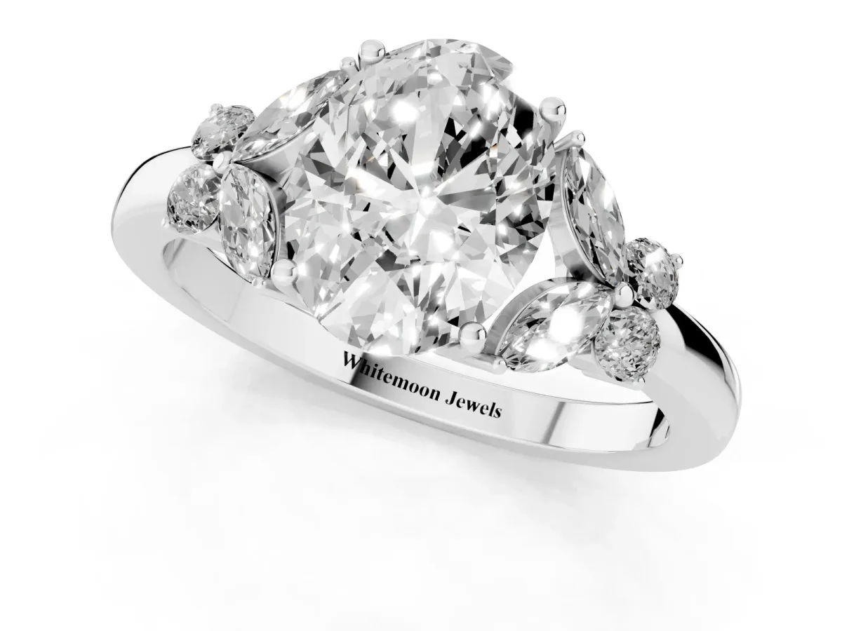 Oval Cut Cut Solitaire Floral Diamond Ring with Four-Prong Setting Platinum