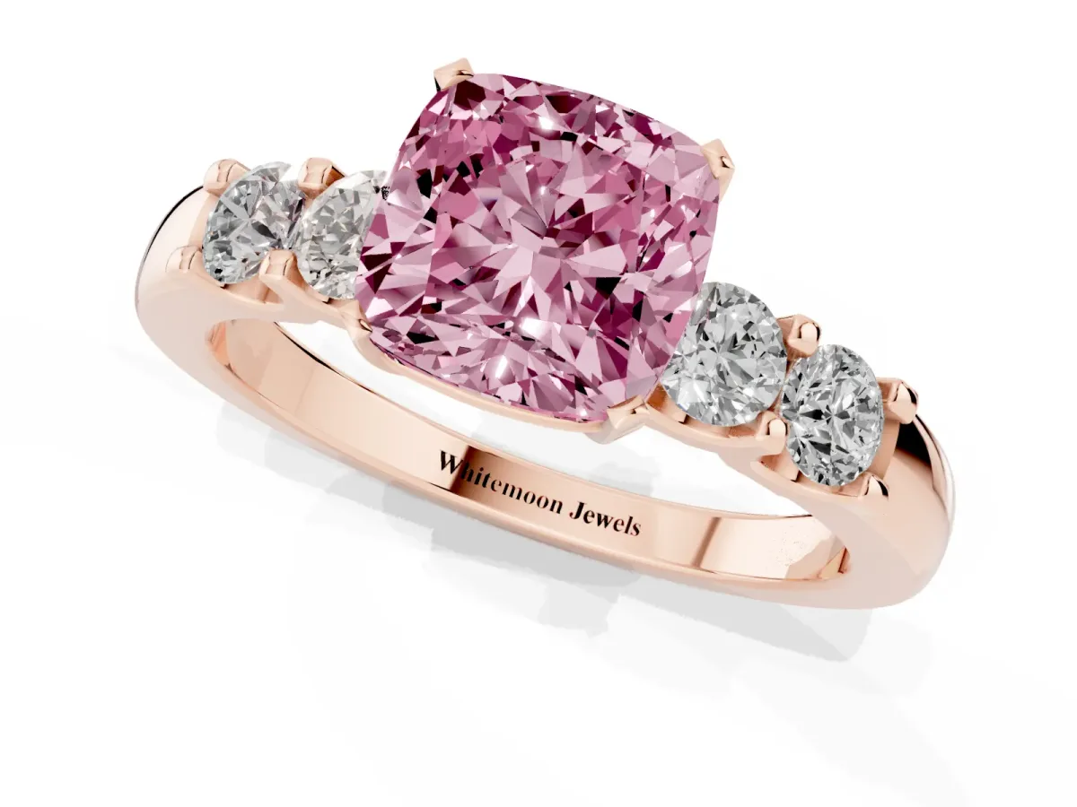 Fancy Pink Cushion Cut Brilliant Cut Diamond Five-Stone Prong Set Engagement Ring with Channel Band Rose gold