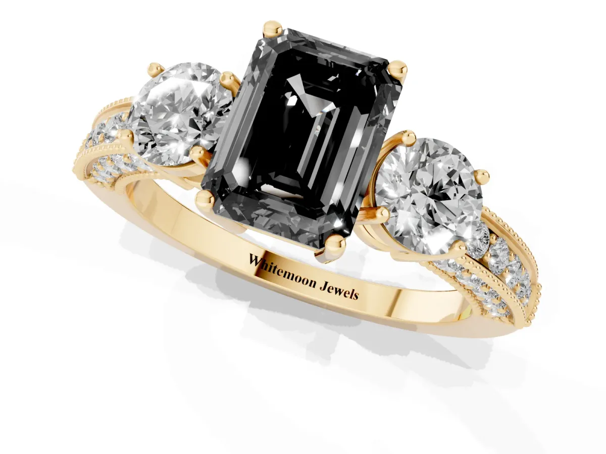 Fancy Black Emerald Cut Three-Stone Diamond Ring with Pavé Band and Four-Prong Setting Yellow gold