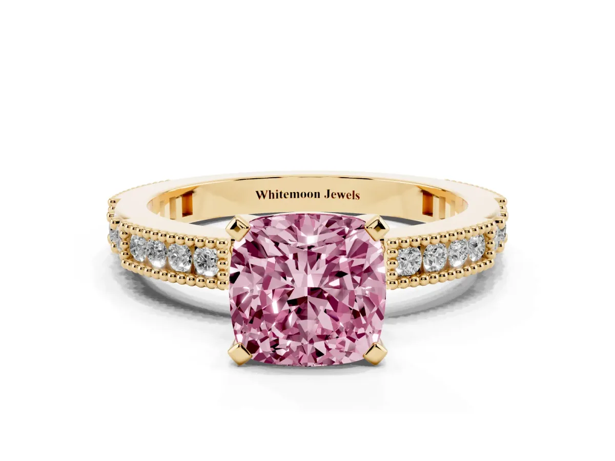 Fancy Pink Cushion Cut Solitaire with Pavé Band and Four-Prong Setting Yellow gold