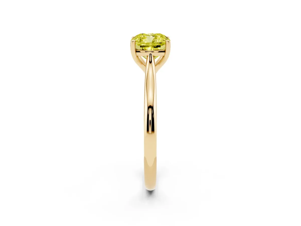 Fancy Yellow Cushion Cut Cut Solitaire Ring with Cathedral Band and Four-Prong Setting Yellow gold