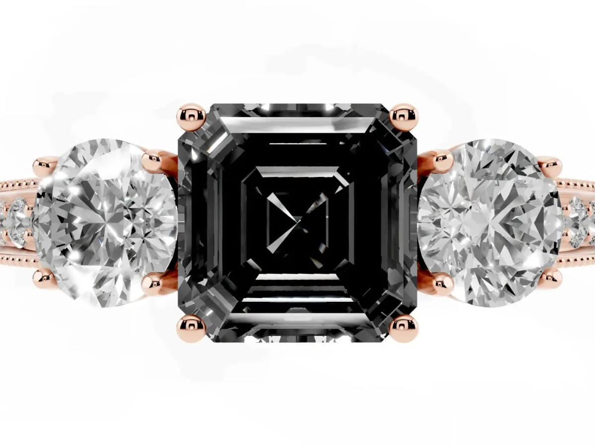 Fancy Black Asscher Cut Three-Stone Diamond Ring with Pavé Band and Four-Prong Setting Rose gold