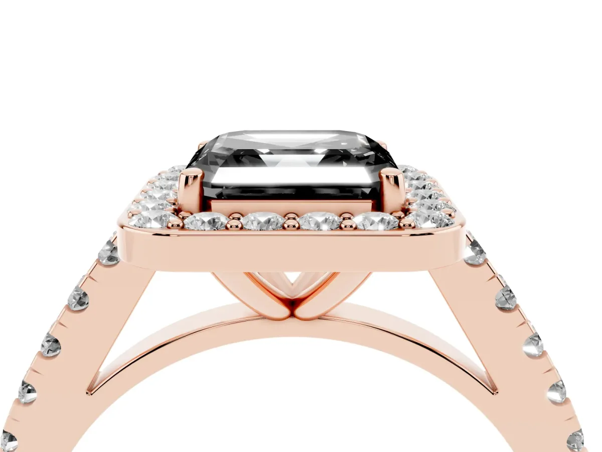 Fancy Black Asscher Cut Diamond Halo Ring with Round Pavé Split Shank and Prong Setting Rose gold