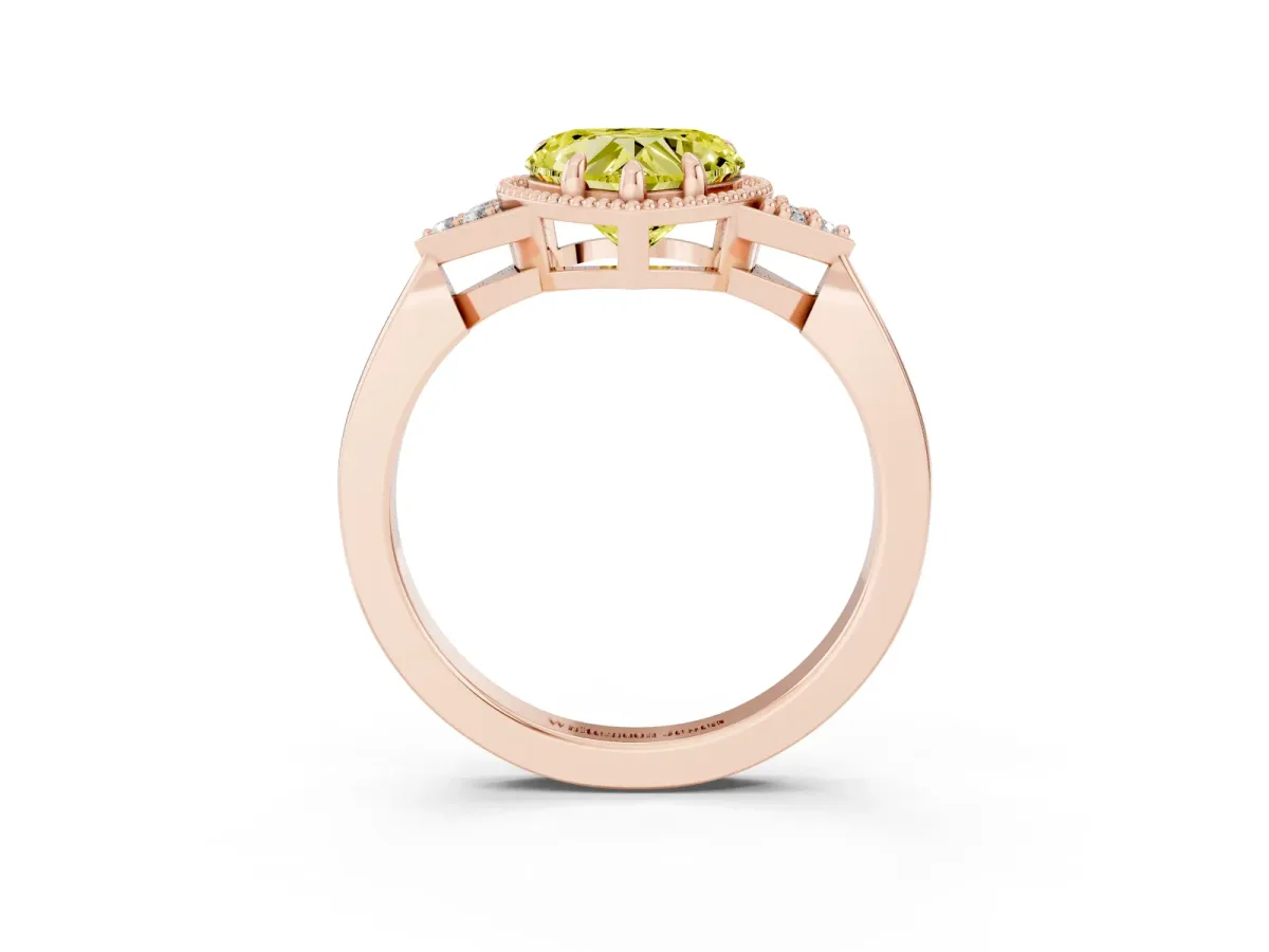 Fancy Yellow Milgrain Heart Cut Cut Diamond Ring with Tapered Pave Band and Four Prong Setting Rose gold