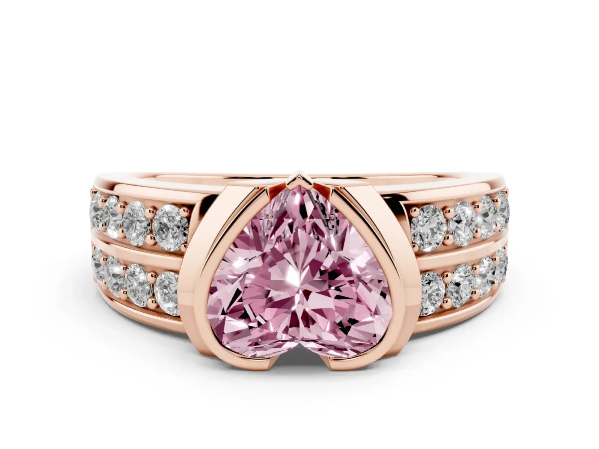 Fancy Pink Heart Cut Brilliant Diamond Channel Set Wide Band Ring with Bezel Setting Rose gold